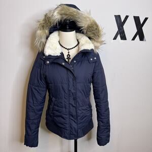 Vintage Y2K AEROPOSTALE Navy Puffer Jacket Faux Fur Hood Winter Coat Gorpcore L